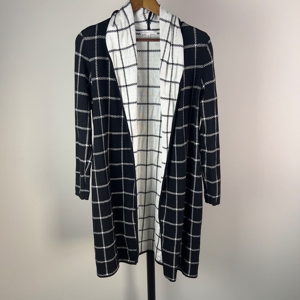 Fever Womens Small Black White Windowpane Grid Open Front Longline Cardigan